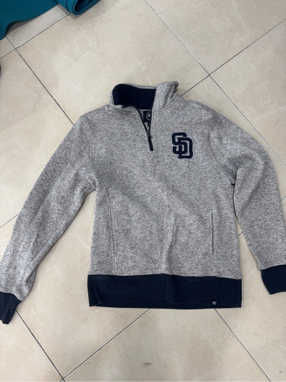 47 Men's Grey Quarter-Zip Pullover with Navy Trim